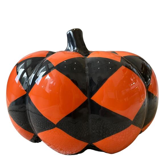 Halloween Harlequin Ceramic Pumpkin Black & Orange Chic Designer Fall Decor New